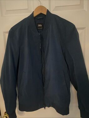 ZARA Men's Navy Blue Bomber Jacket #16